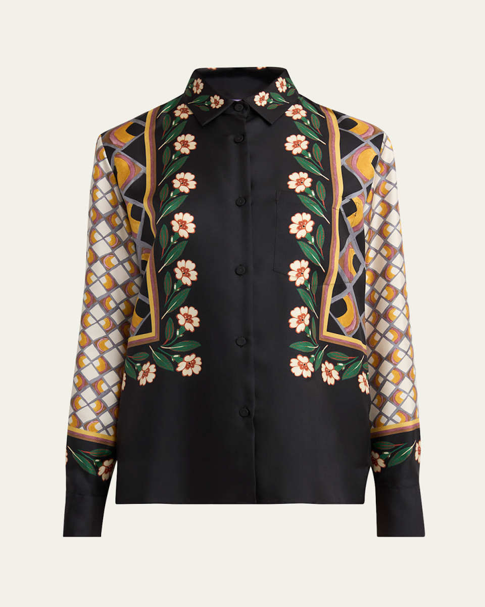 Place-Print Silk Button-Down Boy Shirt